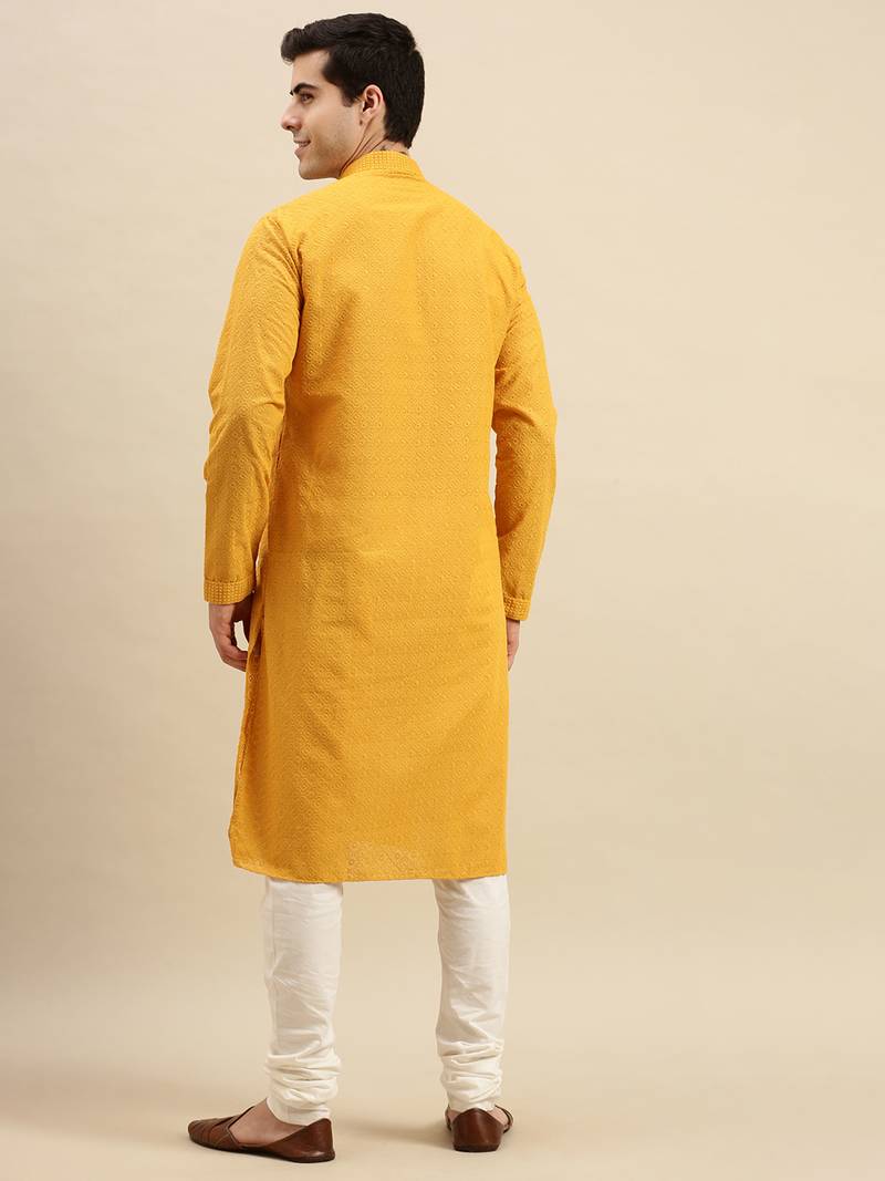 Sanwara Men's Mustard chickenkari Long Sleeve Cotton Designer Kurta with Pyjama