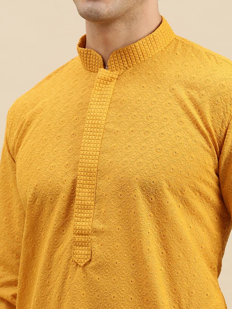 Sanwara Men's Mustard chickenkari Long Sleeve Cotton Designer Kurta with Pyjama