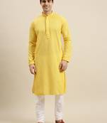 Sanwara Men's Yellow chickenkari Long Sleeve Cotton Designer Kurta with Pyjama