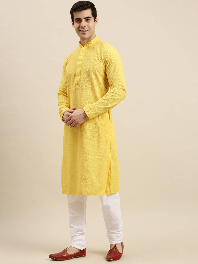 Sanwara Men's Yellow chickenkari Long Sleeve Cotton Designer Kurta with Pyjama