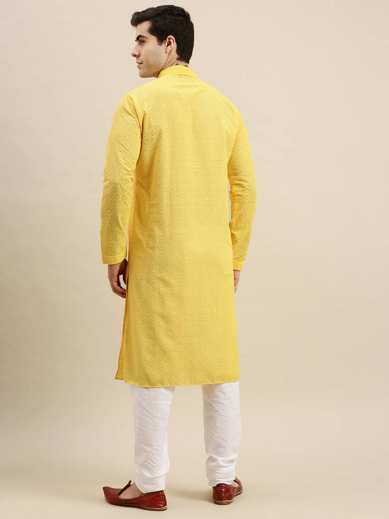Sanwara Men's Yellow chickenkari Long Sleeve Cotton Designer Kurta with Pyjama