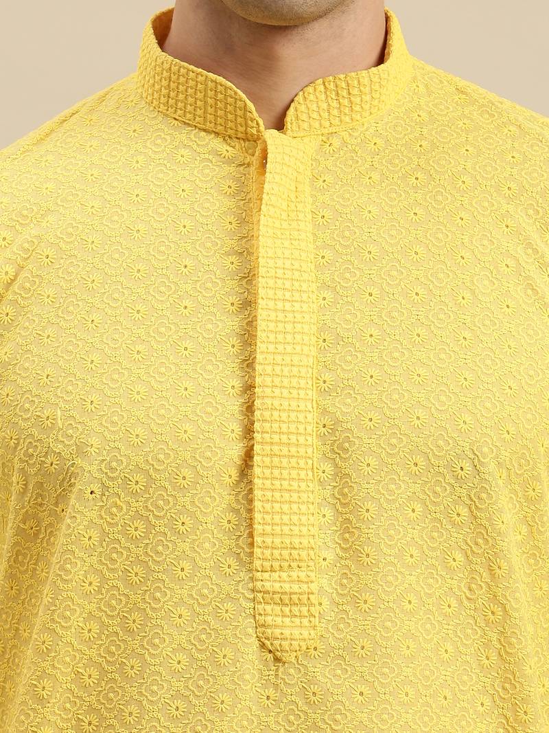 Sanwara Men's Yellow chickenkari Long Sleeve Cotton Designer Kurta with Pyjama