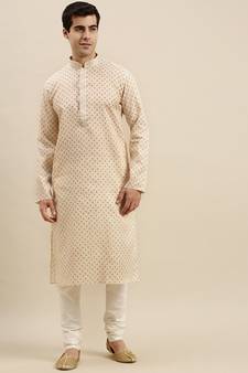 Sanwara Men's Beige Printed Long Sleeve Cotton Elegant Kurta with Pyjama