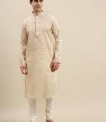 Sanwara Men's Beige Printed Long Sleeve Cotton Elegant Kurta with Pyjama