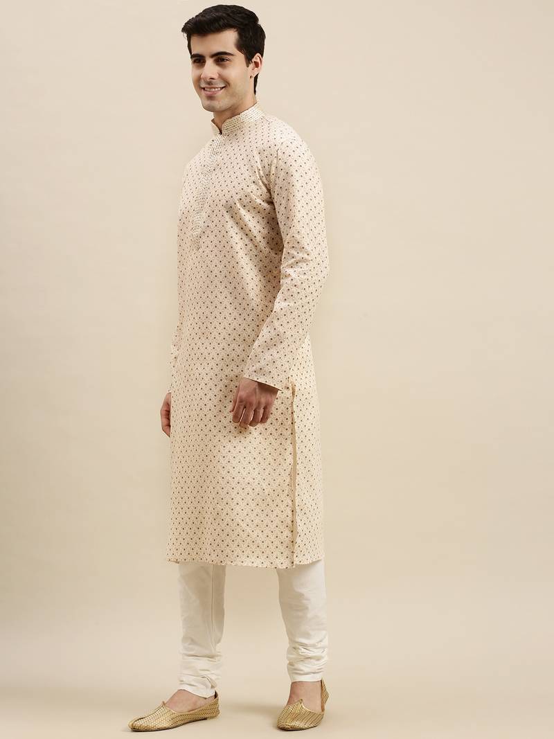 Sanwara Men's Beige Printed Long Sleeve Cotton Elegant Kurta with Pyjama