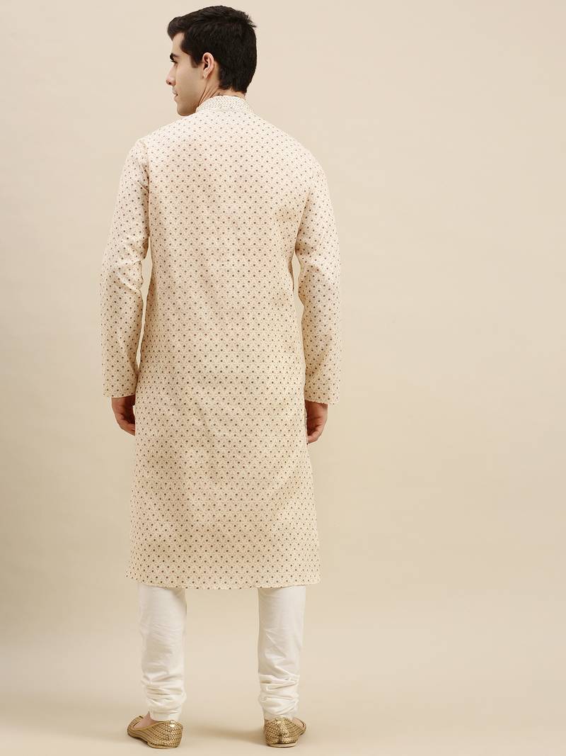 Sanwara Men's Beige Printed Long Sleeve Cotton Elegant Kurta with Pyjama