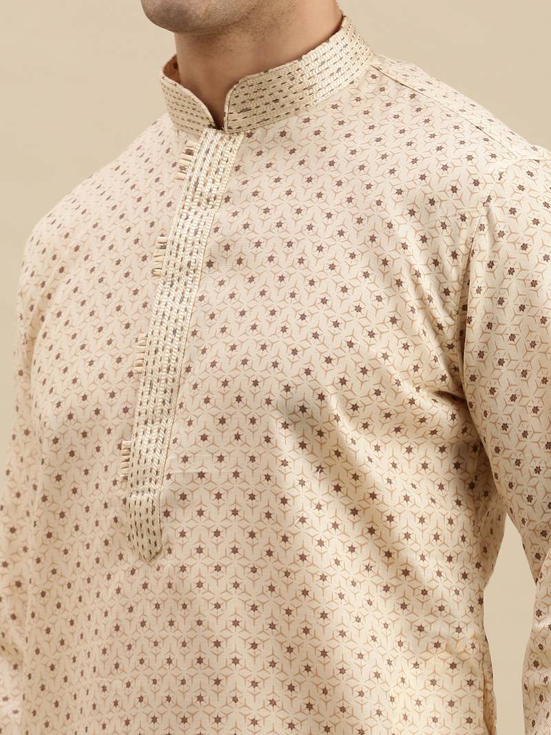 Sanwara Men's Beige Printed Long Sleeve Cotton Elegant Kurta with Pyjama