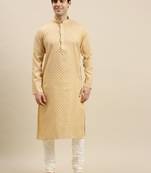 Sanwara Men's Light Yellow Printed Long Sleeve Cotton Elegant Kurta with Pyjama