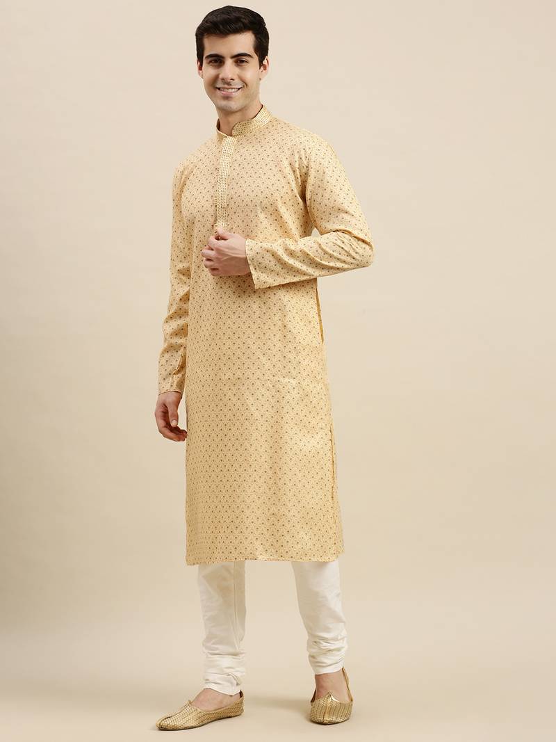 Sanwara Men's Light Yellow Printed Long Sleeve Cotton Elegant Kurta with Pyjama
