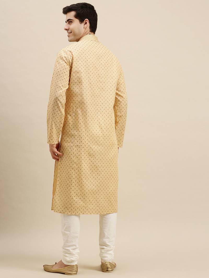 Sanwara Men's Light Yellow Printed Long Sleeve Cotton Elegant Kurta with Pyjama