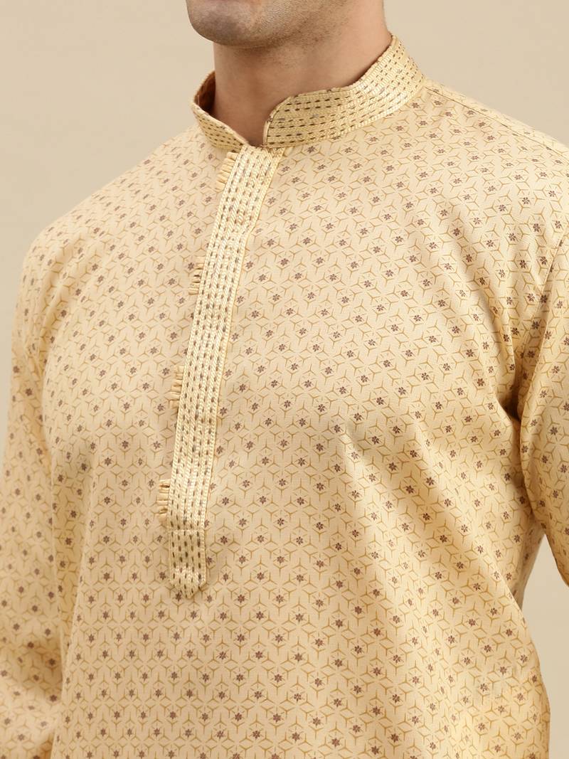 Sanwara Men's Light Yellow Printed Long Sleeve Cotton Elegant Kurta with Pyjama