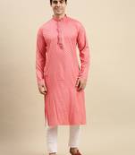 Sanwara Men's Pink Printed Long Sleeve Cotton Elegant Kurta with Pyjama
