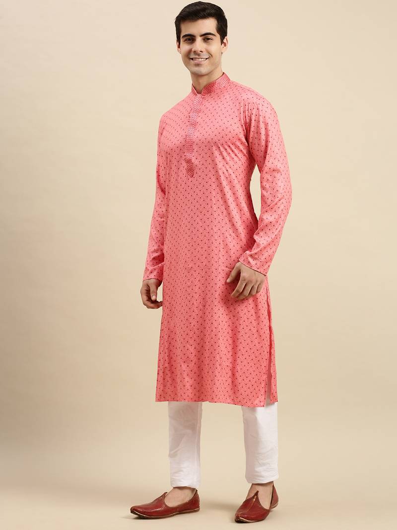 Sanwara Men's Pink Printed Long Sleeve Cotton Elegant Kurta with Pyjama
