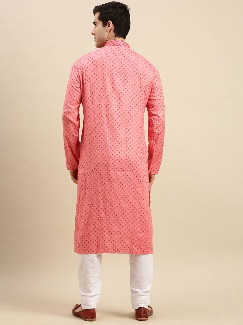Sanwara Men's Pink Printed Long Sleeve Cotton Elegant Kurta with Pyjama