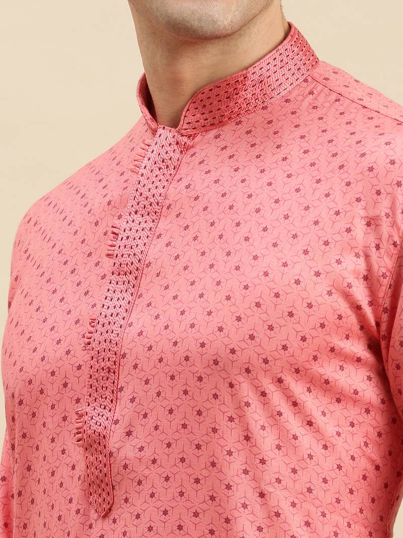 Sanwara Men's Pink Printed Long Sleeve Cotton Elegant Kurta with Pyjama