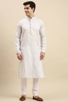 Sanwara Men's White Printed Long Sleeve Cotton Elegant Kurta with Pyjama