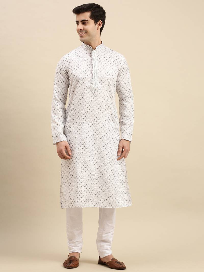 Sanwara Men's White Printed Long Sleeve Cotton Elegant Kurta with Pyjama