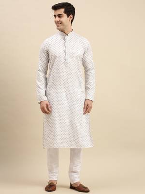 Sanwara Men's White Printed Long Sleeve Cotton Elegant Kurta with Pyjama 1