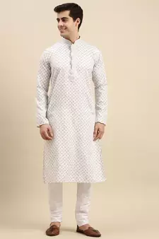 Sanwara Men's White Printed Long Sleeve Cotton Elegant Kurta with Pyjama
