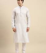 Sanwara Men's White Printed Long Sleeve Cotton Elegant Kurta with Pyjama