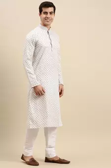 Sanwara Men's White Printed Long Sleeve Cotton Elegant Kurta with Pyjama