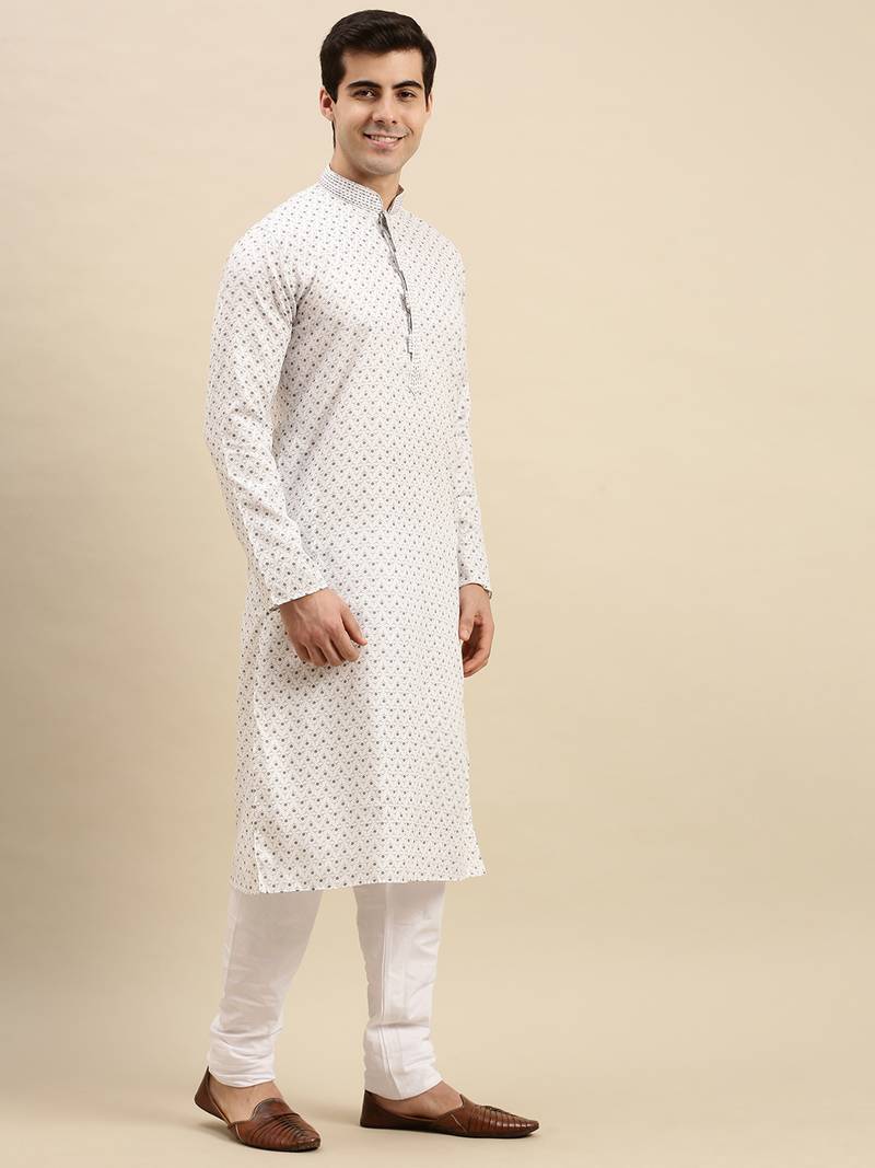 Sanwara Men's White Printed Long Sleeve Cotton Elegant Kurta with Pyjama