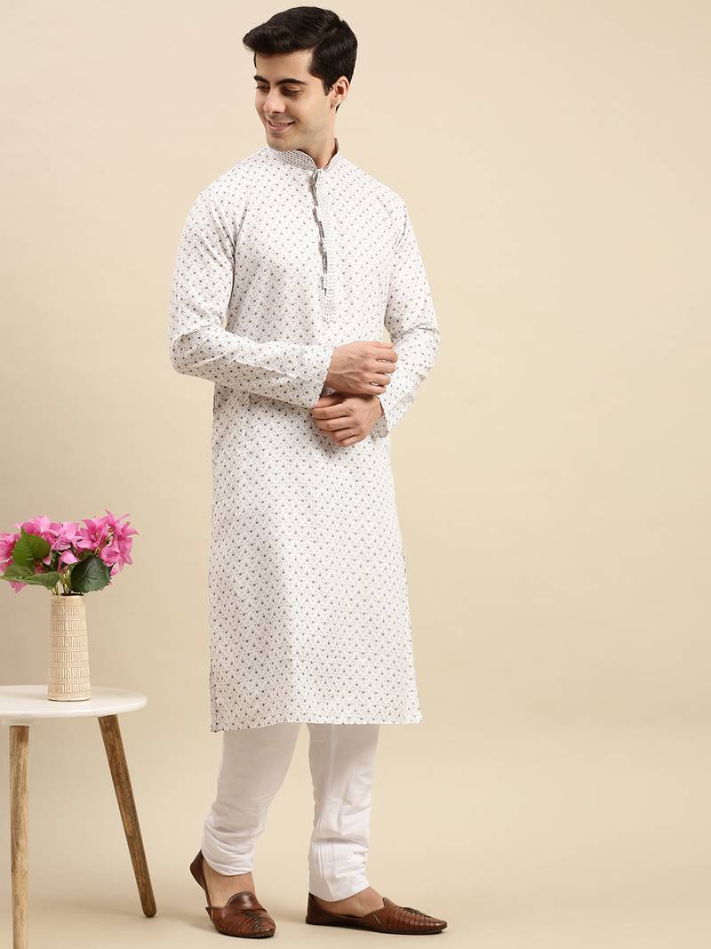 Sanwara Men's White Printed Long Sleeve Cotton Elegant Kurta with Pyjama
