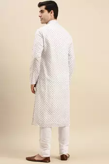 Sanwara Men's White Printed Long Sleeve Cotton Elegant Kurta with Pyjama