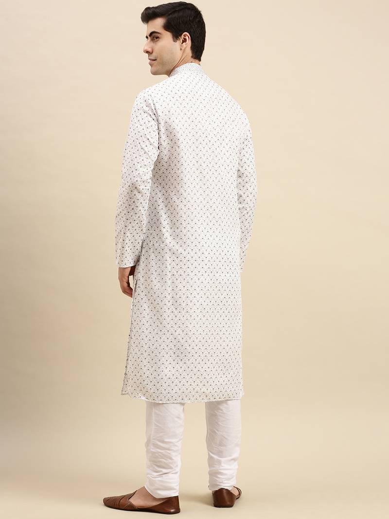 Sanwara Men's White Printed Long Sleeve Cotton Elegant Kurta with Pyjama