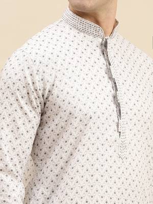 Sanwara Men's White Printed Long Sleeve Cotton Elegant Kurta with Pyjama 5