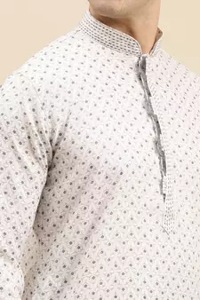 Sanwara Men's White Printed Long Sleeve Cotton Elegant Kurta with Pyjama