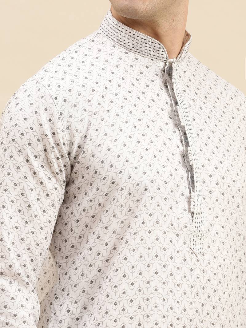 Sanwara Men's White Printed Long Sleeve Cotton Elegant Kurta with Pyjama