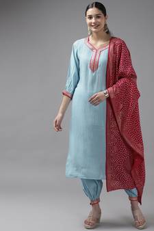 Turquoise plain silk ethnic-kurtis