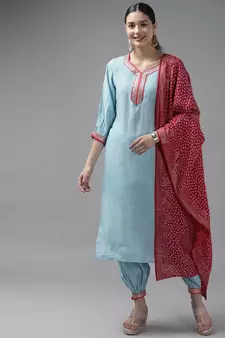 Turquoise plain silk ethnic-kurtis