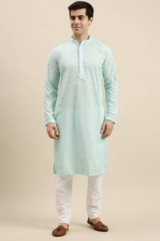 Sanwara Men's Sea Green chickenkari Long Sleeve Cotton Designer Kurta with Pyjama