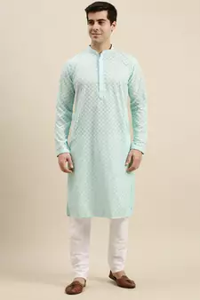 Sanwara Men's Sea Green chickenkari Long Sleeve Cotton Designer Kurta with Pyjama