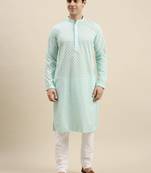 Sanwara Men's Sea Green chickenkari Long Sleeve Cotton Designer Kurta with Pyjama