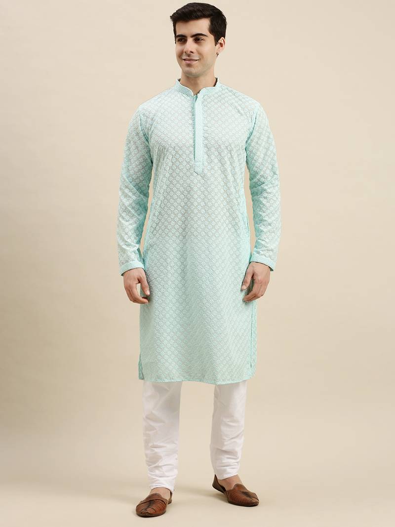 Sanwara Men's Sea Green chickenkari Long Sleeve Cotton Designer Kurta with Pyjama