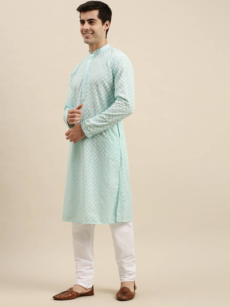 Sanwara Men's Sea Green chickenkari Long Sleeve Cotton Designer Kurta with Pyjama