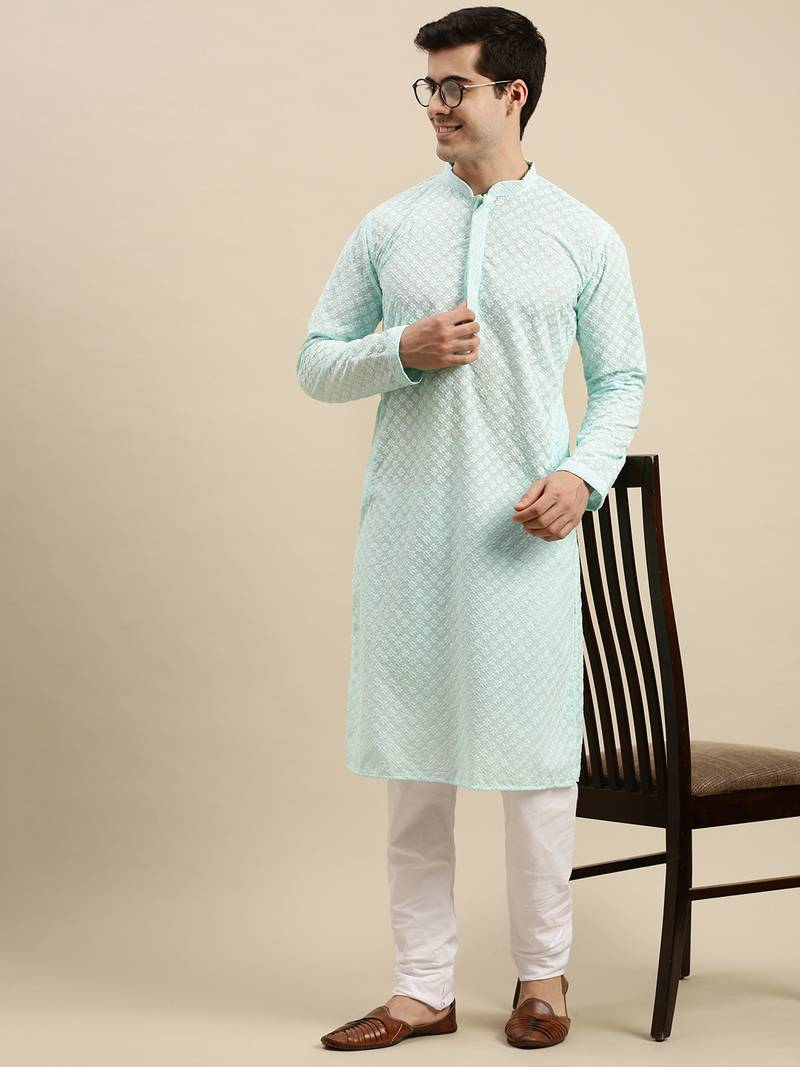 Sanwara Men's Sea Green chickenkari Long Sleeve Cotton Designer Kurta with Pyjama