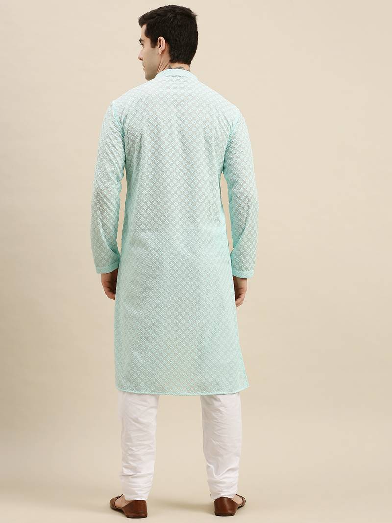 Sanwara Men's Sea Green chickenkari Long Sleeve Cotton Designer Kurta with Pyjama
