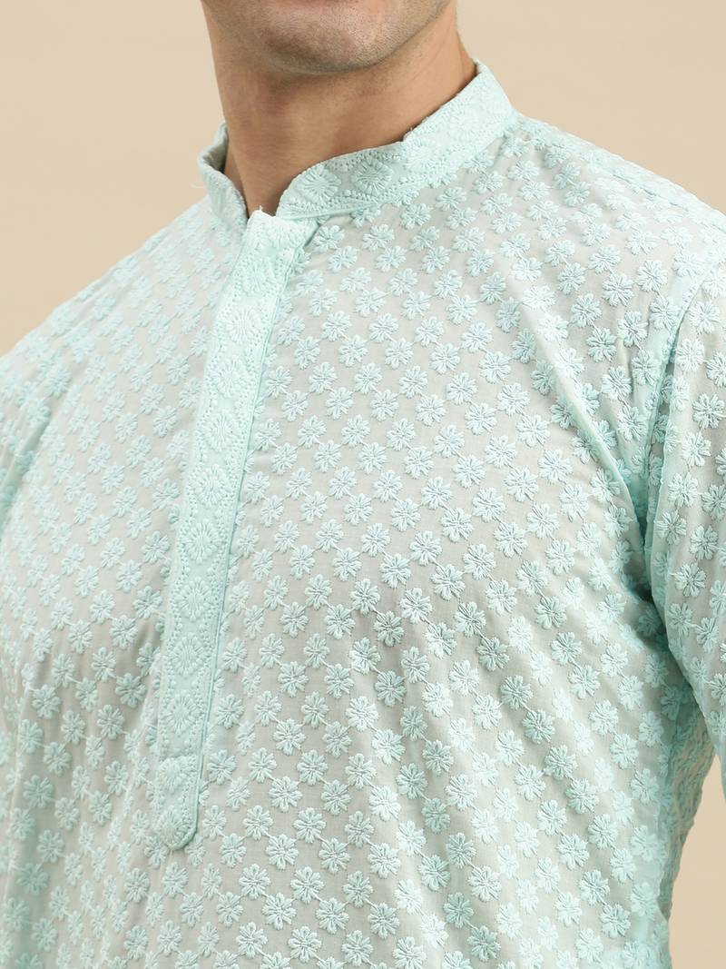 Sanwara Men's Sea Green chickenkari Long Sleeve Cotton Designer Kurta with Pyjama