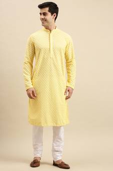 Sanwara Men's Light Yellow chickenkari Long Sleeve Cotton Designer Kurta with Pyjama