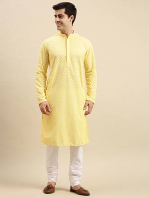 Sanwara Men's Light Yellow chickenkari Long Sleeve Cotton Designer Kurta with Pyjama 1