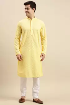 Sanwara Men's Light Yellow chickenkari Long Sleeve Cotton Designer Kurta with Pyjama