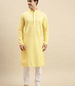 Sanwara Men's Light Yellow chickenkari Long Sleeve Cotton Designer Kurta with Pyjama