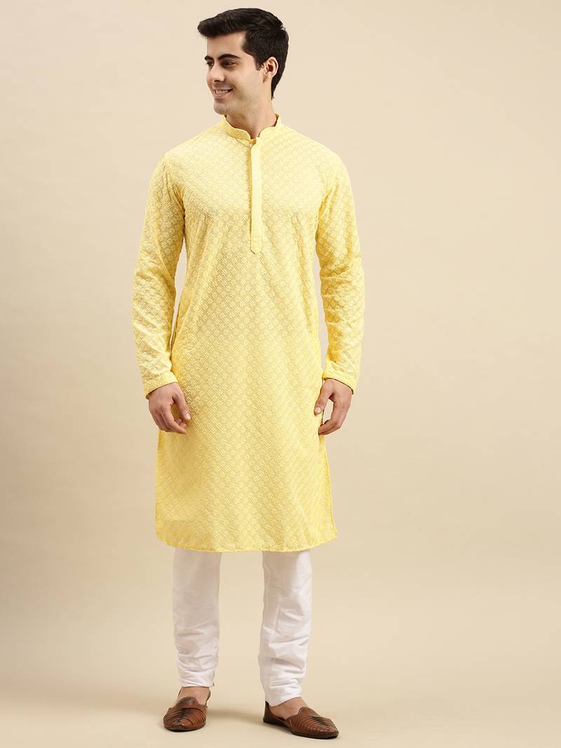 Sanwara Men's Light Yellow chickenkari Long Sleeve Cotton Designer Kurta with Pyjama