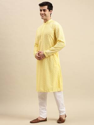 Sanwara Men's Light Yellow chickenkari Long Sleeve Cotton Designer Kurta with Pyjama 2