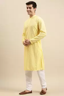 Sanwara Men's Light Yellow chickenkari Long Sleeve Cotton Designer Kurta with Pyjama