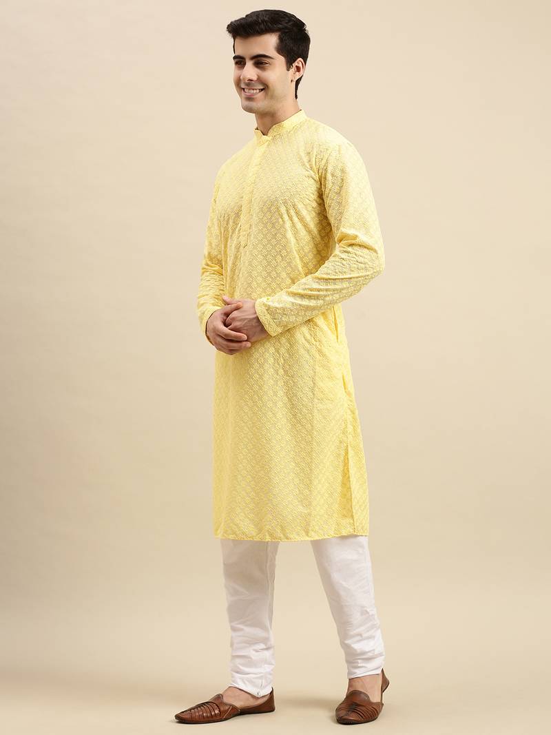 Sanwara Men's Light Yellow chickenkari Long Sleeve Cotton Designer Kurta with Pyjama